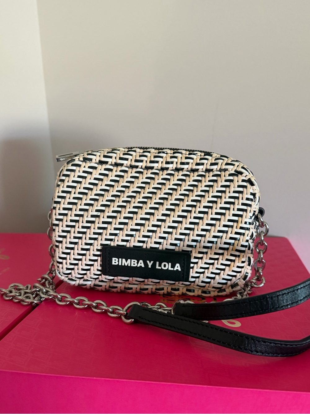 Bimba Y Lola Black & White Woven Crossbody Bag